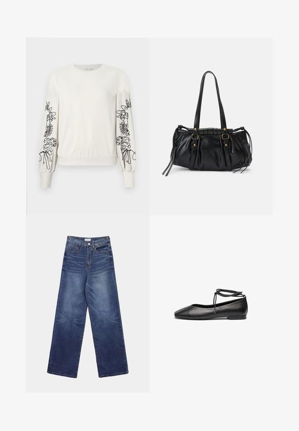 Weißer Langarm-Sweatshirt mit schwarzem abstraktem Blumendruck auf den Ärmeln sowie gerippten Bündchen und Saum.; Weit geschnittene Jeans aus dunkelblauem Denim mit hoher Taille, auffälligen Verwaschungen auf der Vorderseite und klassischem Fünf-Taschen-Design.; Schwarze Leder-Ballerinas mit spitzem Zehenbereich, flachem Absatz und einer gewickelten Schnürung am Knöchel. Glatte Oberfläche, minimalistisches Design.; Schwarze Lederhandtasche mit runder Form, doppelten Griffen, dekorativen Hardware-Details und seitlichen Bindebändern. Glatte, glänzende Textur.