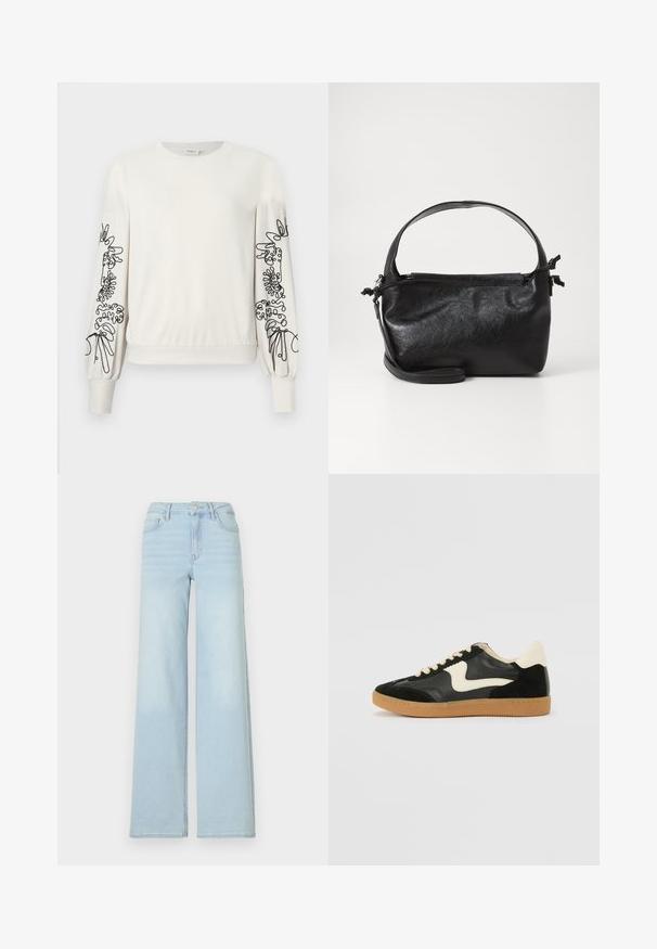 Weißer Langarm-Sweatshirt mit schwarzem abstraktem Blumendruck auf den Ärmeln sowie gerippten Bündchen und Saum.; Hellblaue, weit geschnittene Jeans aus Denim mit klassischem Fünf-Taschen-Design und einem Knopfverschluss vorne. Mit leichter Ausbleichung an der Vorderseite.; Schwarze Wildleder- und Leder-Sneaker mit einem cremefarbenen Seiten-Swoosh und einer hellcremefarbenen Ferse. Ausgestattet mit beige Schnürsenkeln und einer Gummilaufsohle.; Schwarze Lederhandtasche mit strukturiertem Design, rundem Haltegriff und abnehmbarem Schulterriemen. Sie weist eine glatte Oberfläche und einen subtilen Glanz auf.