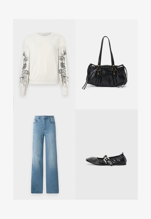 Weißer Langarm-Sweatshirt mit schwarzem abstraktem Blumendruck auf den Ärmeln sowie gerippten Bündchen und Saum.; Helleblaue hochtaillierte Jeans mit geradem Bein. Aus Denim gefertigt, mit fünf Taschen und einem Knopfverschluss.; Schwarze Leder-Ballerinas mit spitzem Zehenbereich, gerafften Details am Schaft und einem silbernen Schnallenakzent am verstellbaren Riemen.; Schwarze Lederhandtasche mit runder Form, doppelten Griffen, dekorativen Hardware-Details und seitlichen Bindebändern. Glatte, glänzende Textur.