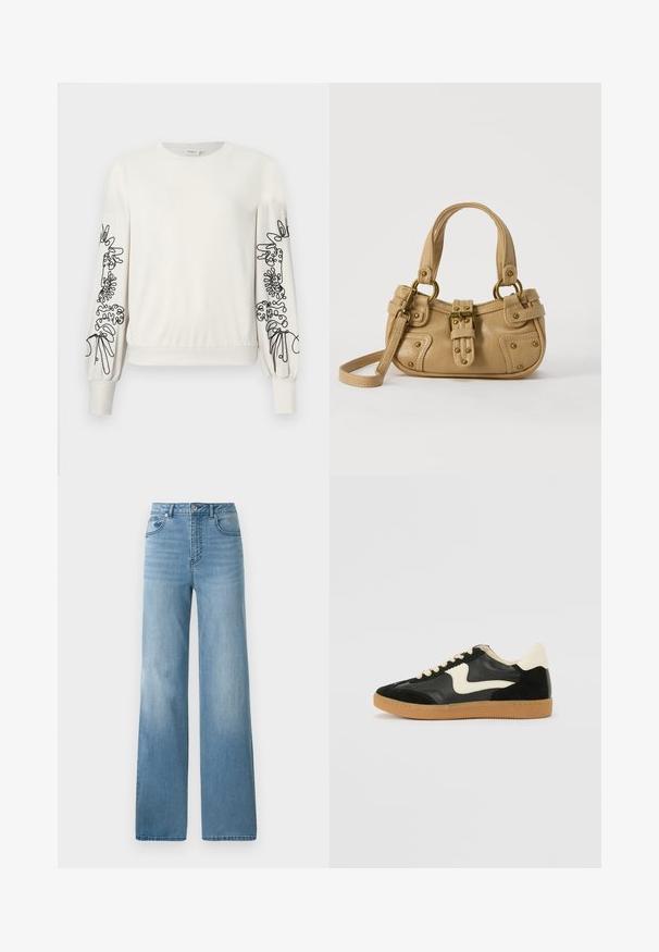 Hvid langærmet sweatshirt med sort abstrakt blomsterbroderi på ærmerne samt ribbede manchetter og kant.; Lyseblå højtaljede jeans med lige ben. Fremstillet af denim, med fem lommer og knaplukning.; Sorte ruskinds- og lædersneakers med en cremefarvet side-swoosh og lys cremefarvet hæl. Har beige snørebånd og en gummirubber-sål.; Beige læderhåndtaske med dobbelte håndtag, messing spænde og nitte detaljer samt en justerbar skulderrem mod en hvid baggrund.