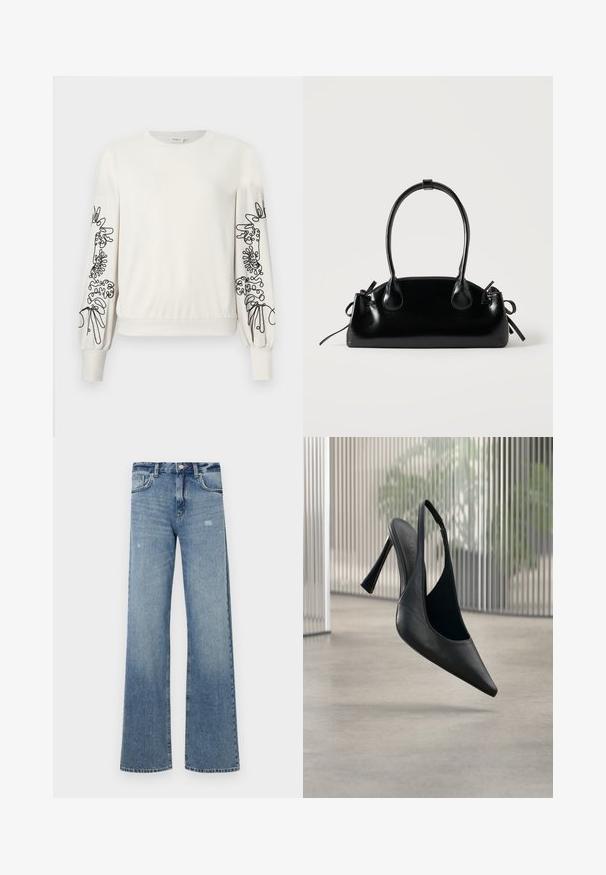 Hvid langærmet sweatshirt med sort abstrakt blomsterbroderi på ærmerne samt ribbede manchetter og kant.; Lyseblå denimjeans med høj talje, vidde ben, let slid og traditionel fem-lomme struktur.; Sort læder slingback stilet hælsko med spids tå, svævende over en glat beton gulv og vertikal metal panel baggrund.; Lille sort blank håndtaske med to lange håndtag og snøre-detaljer i siden på en ensfarvet lys baggrund.
