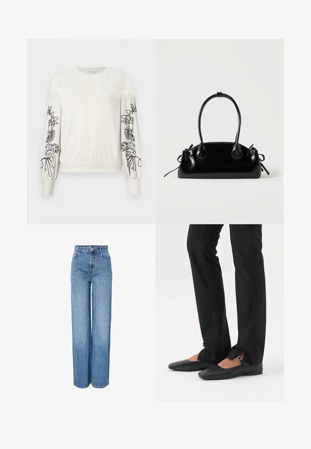 Weißer Langarm-Sweatshirt mit schwarzem abstraktem Blumendruck auf den Ärmeln sowie gerippten Bündchen und Saum.; Hoch taillierte, gerade geschnittene blaue Jeans aus Denim mit vorderer Knopf- und Reißverschluss, Gürtelschlaufen sowie Vorder- und Gesäßtaschen.; Beine in schwarzen schmalen Hosen mit vorderen Schlitzen am Saum, kombiniert mit schwarzen flachen Mary-Jane-Schuhen mit kleinem Schnallenriemen.; Kleine schwarze glänzende Handtasche mit zwei langen Griffen und seitlichen Kordelzug-Details vor einfachem hellem Hintergrund.