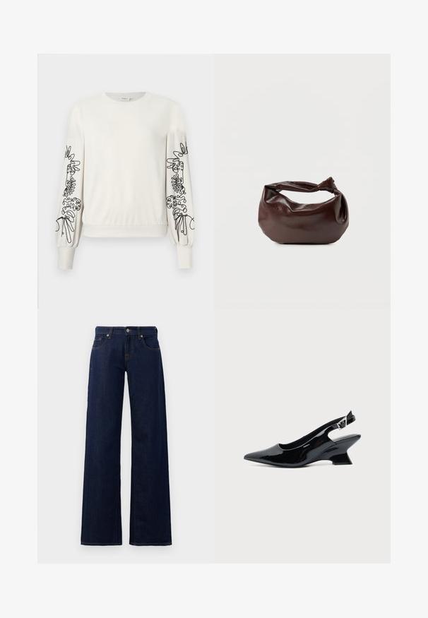 Weißer Langarm-Sweatshirt mit schwarzem abstraktem Blumendruck auf den Ärmeln sowie gerippten Bündchen und Saum.; Weite Jeans in dunkelblauem Denim mit klassischem Fünf-Taschen-Design, kupferfarbener Naht und Knopfverschluss am Bund.; Schwarzer Slingback-Schuh aus Lackleder mit spitzer Spitze und niedrigem, schrägem Blockabsatz auf einfachem hellem Hintergrund.; Dunkelbraune Lederschultertasche mit weicher, lockerer Form und einem gedrehten Knotengriff vor schlichtem weißem Hintergrund.