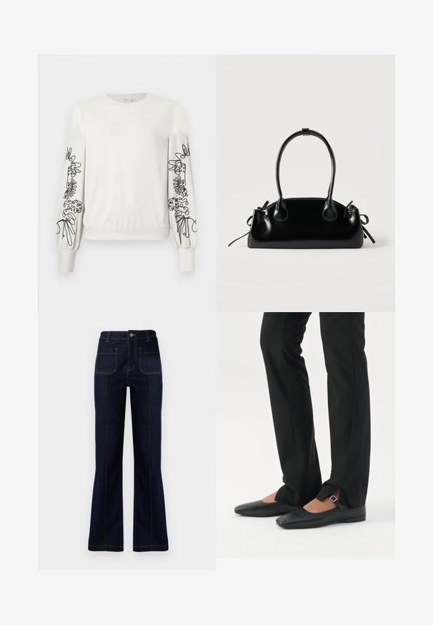 Sweatshirt blanc à manches longues avec broderie florale abstraite noire sur les manches et bord-côtes au niveau des poignets et de l'ourlet.; Jeans évasés bleu foncé en denim, dotés d'une taille haute, de deux poches arrière et de coutures visibles le long des coutures.; Jambes vêtues d’un pantalon slim noir avec des fentes à l’avant de l’ourlet, assorties à des chaussures plates Mary Jane noires avec une petite bride à boucle.; Petit sac à main noir brillant avec deux longues anses et des détails à cordon sur les côtés sur un fond clair uni.