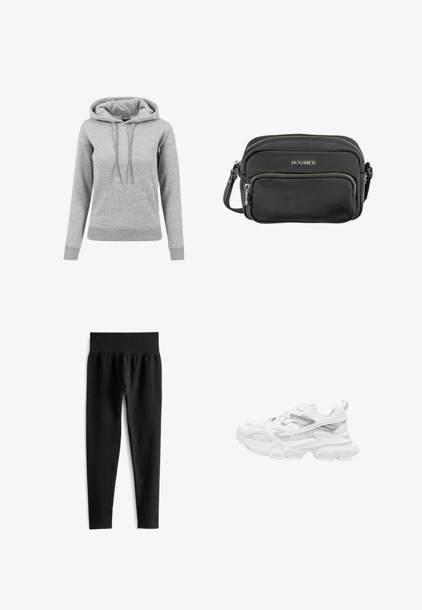 Sudadera gris de algodón, con capucha ajustable, mangas largas, puños acanalados y dobladillo. Diseño liso sin patrones.; Leggings negros acanalados con una amplia cinturilla elástica, que presentan una silueta ajustada y una textura suave. Sin hardware visible ni patrones.; Zapatilla deportiva blanca con suela gruesa, parte superior de malla y sintética, detalles plateados y marca "BUFFALO" en el lateral.; Bolsa de hombro de nylon negro con dos compartimentos con cremallera, herrajes en plata y correa ajustable. Nombre de la marca visible en la parte frontal.