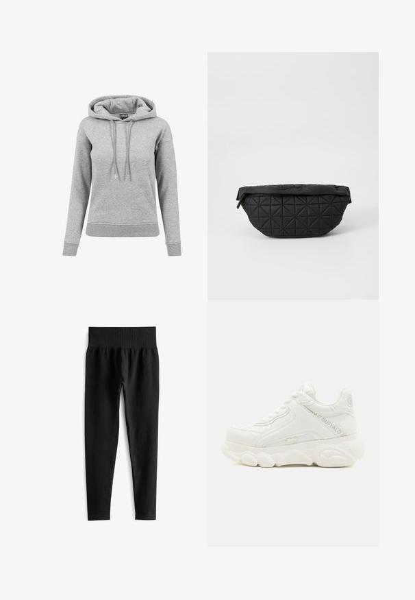 Sudadera gris de algodón, con capucha ajustable, mangas largas, puños acanalados y dobladillo. Diseño liso sin patrones.; Leggings negros acanalados con una amplia cinturilla elástica, que presentan una silueta ajustada y una textura suave. Sin hardware visible ni patrones.; Zapatilla deportiva blanca gruesa con suela gruesa, diseño con cordones y marca "Buffalo" en el lateral y el talón.; Bolso negro acolchado con una textura suave y acolchada y un patrón de diamantes angulares, con una silueta curvada y cierre de cremallera.