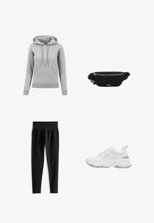 Sudadera gris de algodón, con capucha ajustable, mangas largas, puños acanalados y dobladillo. Diseño liso sin patrones.; Leggings negros acanalados con una amplia cinturilla elástica, que presentan una silueta ajustada y una textura suave. Sin hardware visible ni patrones.; Zapatilla deportiva blanca y gruesa con suela texturizada, parte superior de malla y cuero, cierre de cordones y lengüeta en el talón sobre un fondo blanco.; Riñonera de tela negra con cremallera plateada y correa ajustable, con pequeño logo blanco "Bimba y Lola" en el frente.
