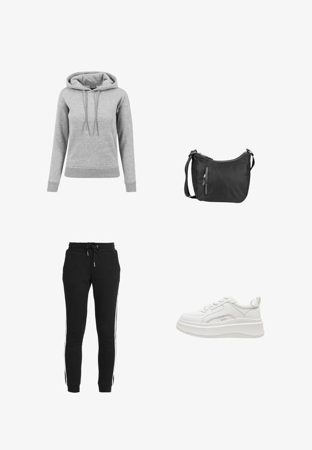 Sudadera gris de algodón, con capucha ajustable, mangas largas, puños acanalados y dobladillo. Diseño liso sin patrones.; Pantalones de chándal negros fabricados con tejido suave, con un ajuste ceñido, que presentan una cintura con cordón y rayas laterales blancas. Incluyen bolsillos.; Zapatilla blanca de plataforma con suela gruesa, cierre de cordones en la parte frontal, lengüeta en el talón y etiqueta de la marca en el panel lateral, mostrada de perfil sobre fondo blanco.; Mandarina Duck MANDARINA DUCK UMHÄNGETASCHE HUNTER MEDIUM HOBO VCT40 - Bandolera - black
