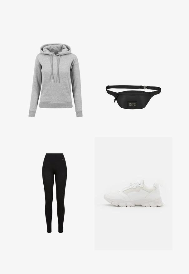 Sudadera gris de algodón, con capucha ajustable, mangas largas, puños acanalados y dobladillo. Diseño liso sin patrones.; Leggings negros con una cintura alta, tejido elástico, textura suave y un diseño ajustado, aptos para uso casual o deportivo.; NA-KD CONTRAST SOLE TREKKING - Zapatillas - white; Riñonera negra hecha de material suave y resistente al agua, con un cuerpo rectangular, correa ajustable y un parche de logo en la parte frontal.
