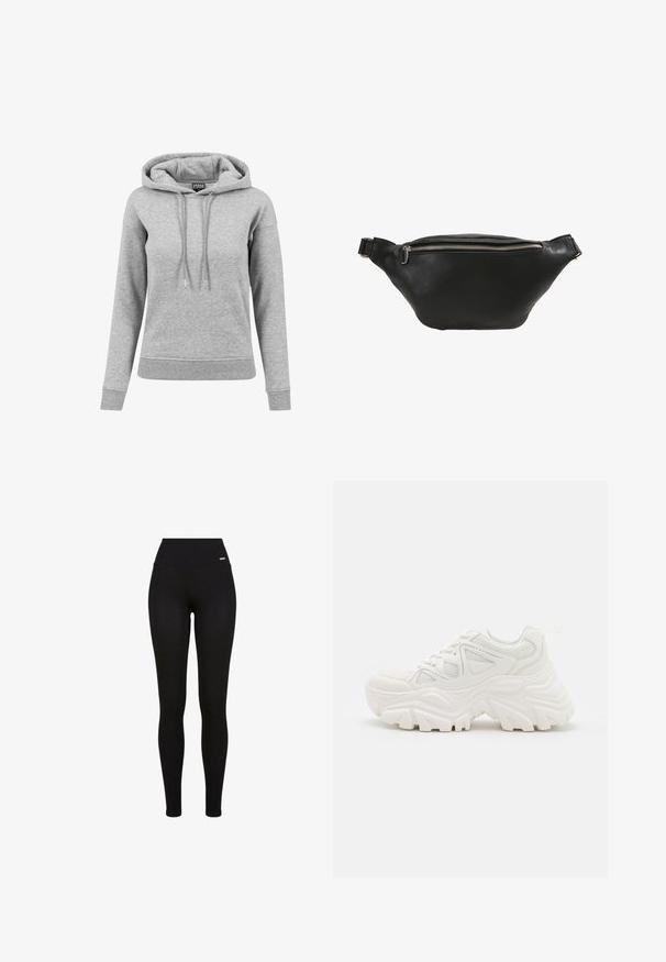 Sudadera gris de algodón, con capucha ajustable, mangas largas, puños acanalados y dobladillo. Diseño liso sin patrones.; Leggings negros con una cintura alta, tejido elástico, textura suave y un diseño ajustado, aptos para uso casual o deportivo.; Zapatillas deportivas blancas y gruesas con un upper texturizado, paneles de malla y suelas de goma gruesas con un patrón de relieve prominente. Incluyen cordones y una lengüeta.; Riñonera de cuero negro con textura suave, forma curvada y cierre de cremallera plateado. Presenta una sola correa ajustable.