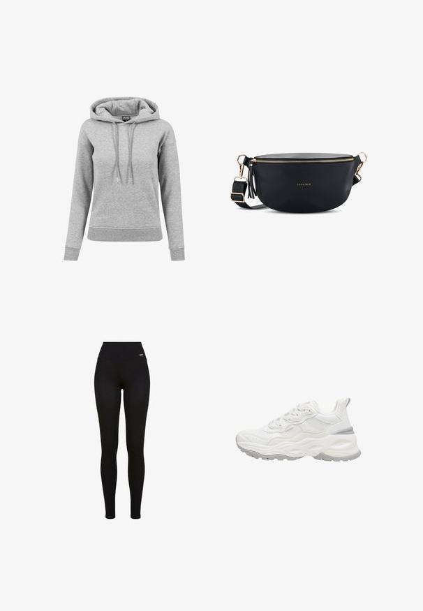 Grå hoodie lavet af bomuld, med snoretræk i hætten, lange ærmer, ribbede manchetter og en kant. Enkel design uden mønstre.; Sorte leggins med høj talje, strækbart stof, glat tekstur og en tætsiddende pasform, der er velegnet til casual eller atletisk brug.; Hvid chunky sneaker med tekstureret sål, mesh og læder overdel, snørelukning og trækstrop på hælen mod en hvid baggrund.; Sort lædertalje taske med guld lynlås, justerbar rem med guld spænder, og "EXPATRIÉ" logo i guld på fronten.