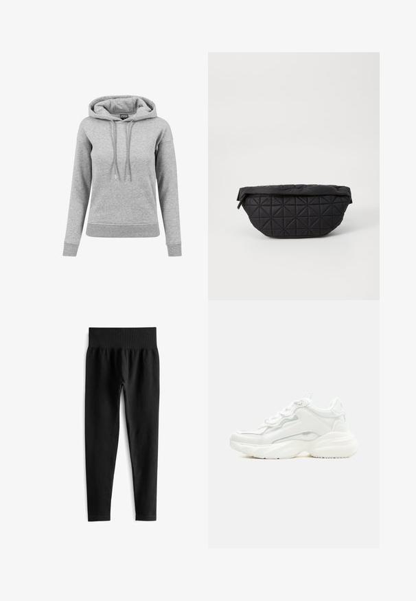 Grijze hoodie van katoen, met een trekkoordcapuchon, lange mouwen, ribbelboorden en een onderkant. Eenvoudig ontwerp zonder patronen.; Zwarte geribde legging met een brede, elastische tailleband. De stof lijkt rekbaar en gestructureerd, eindigend net boven de enkel.; Witte chunky sneaker met dikke zool, veters aan de voorkant en een glad bovenwerk van synthetisch materiaal met subtiele stikdetails.; Zwarte, gewatteerde tas met een zachte, gewatteerde textuur en een hoekig ruitpatroon, met een gebogen silhouet en ritssluiting.