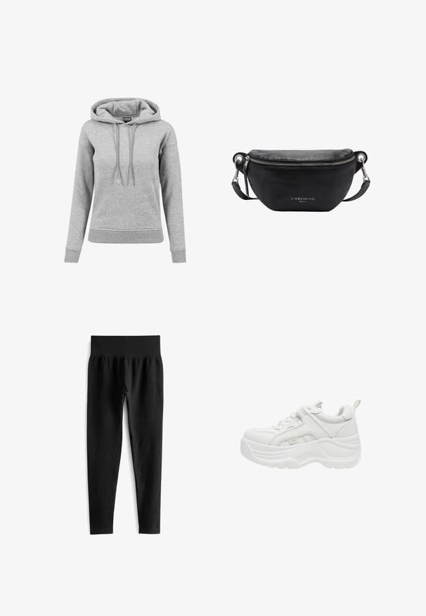 Sudadera gris de algodón, con capucha ajustable, mangas largas, puños acanalados y dobladillo. Diseño liso sin patrones.; Leggings negras acanaladas con una ancha cinturilla elástica. La tela parece elástica y texturizada, terminando justo por encima del tobillo.; Zapatilla blanca y robusta con suela gruesa, cordones delanteros, cuello acolchado y lengüeta en el talón.; Bolso cruzado de cuero negro con forma redondeada, cierre superior con cremallera y herrajes en plata. Logo impreso en la parte frontal. Correa ajustable.
