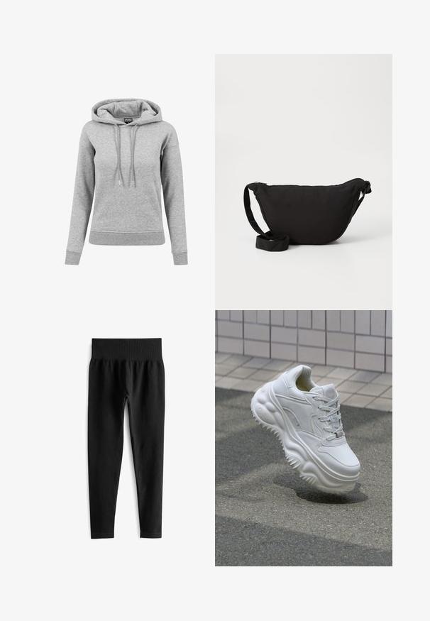 Grå hoodie lavet af bomuld, med snoretræk i hætten, lange ærmer, ribbede manchetter og en kant. Enkel design uden mønstre.; Sorte ribbede leggings med en bred, elastisk talje. Stoffet ser strækbart og struktureret ud og slutter lige over anklen.; Hvide lædersneakers med en kraftig sål, teksturerede detaljer og snørelukning. Har formede accenter og en glat finish.; Sort hobo taske lavet af blødt stof, med en buet form, lynlåslukning og en bred justerbar rem. Glat tekstur uden mønstre.