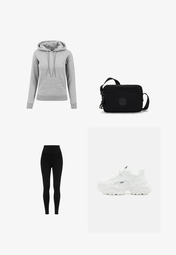 Sudadera gris de algodón, con capucha ajustable, mangas largas, puños acanalados y dobladillo. Diseño liso sin patrones.; Leggings negros con una cintura alta, que cuentan con una tela suave y elástica y un diseño ajustado que se estrecha hasta los tobillos.; Zapatillas blancas voluminosas con parte superior de piel lisa, punta redonda y suela gruesa texturizada con un logo de la marca visible en el lateral.; Bolso cruzado de tela negra con forma rectangular, bolsillo con cremallera en la parte delantera y una etiqueta con el logotipo. Presenta una correa desmontable y un charm decorativo.