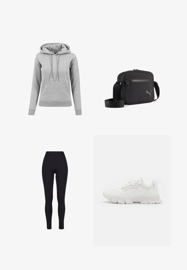 Grijze hoodie van katoen, met een trekkoordcapuchon, lange mouwen, ribbelboorden en een onderkant. Eenvoudig ontwerp zonder patronen.; Zwarte high-waisted legging, gemaakt van rekbaar materiaal, met een gladde textuur en een aansluitend ontwerp zonder zichtbare naden of patronen.; NA-KD CONTRAST SOLE TREKKING - Sneakers laag - white; Zwarte stoffen schoudertas met een rechthoekige vorm, voorzien van een ritssluiting, een gestructureerd oppervlak en een grijs geborduurd logo aan één kant.