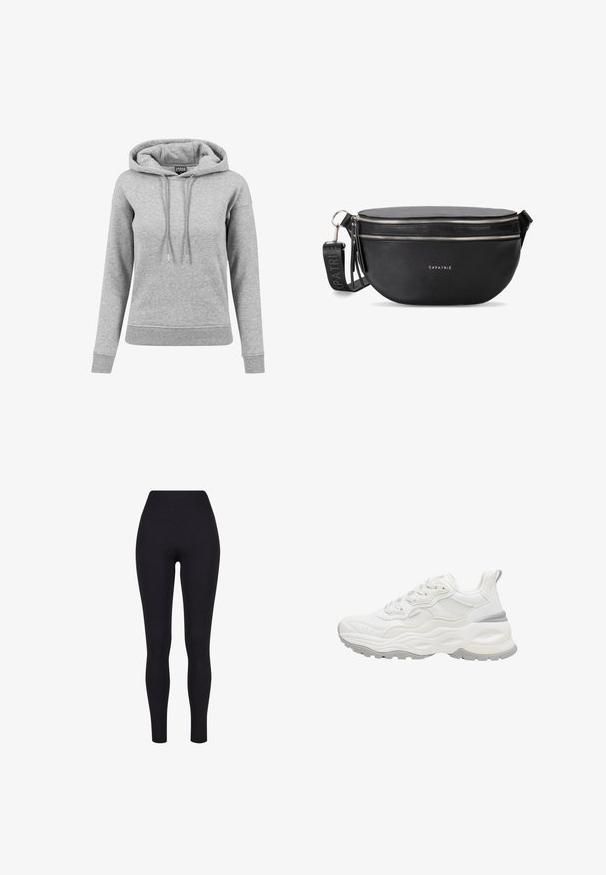 Grå hoodie lavet af bomuld, med snoretræk i hætten, lange ærmer, ribbede manchetter og en kant. Enkel design uden mønstre.; Sorte højtaljerede leggings, lavet af strækbart stof, med en glat tekstur og en tætsiddende design uden synlige sømme eller mønstre.; Hvid chunky sneaker med tekstureret sål, mesh og læder overdel, snørelukning og trækstrop på hælen mod en hvid baggrund.; Sort læder crossbody taske med to lynlåslommer, flad oval form, justerbar rem og præget logo på forsiden.