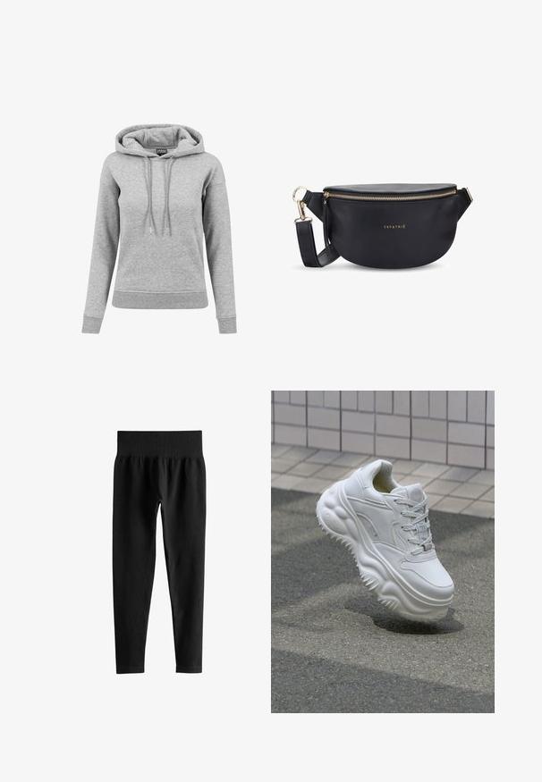Grå hoodie lavet af bomuld, med snoretræk i hætten, lange ærmer, ribbede manchetter og en kant. Enkel design uden mønstre.; Sorte ribstrikkede leggings med høj talje og bred elastik i taljen, tætsiddende pasform i fuld længde uden synlige logoer eller mønstre.; Hvide lædersneakers med en kraftig sål, teksturerede detaljer og snørelukning. Har formede accenter og en glat finish.; Sort læder bumbag med en afrundet form, guld lynlås og logoet "EXPATRIÉ." Indeholder en justerbar rem og frynse detaljer.
