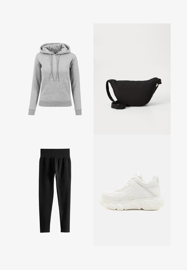 Sudadera gris de algodón, con capucha ajustable, mangas largas, puños acanalados y dobladillo. Diseño liso sin patrones.; Leggings negros acanalados de talle alto con una amplia cintura elástica, ajuste ceñido de largo completo y sin logos ni estampados visibles.; Zapatilla deportiva blanca gruesa con suela gruesa, diseño con cordones y marca "Buffalo" en el lateral y el talón.; Bolso hobo negro de tela suave, con forma curva, cierre de cremallera y una amplia correa ajustable. Textura suave sin patrones.