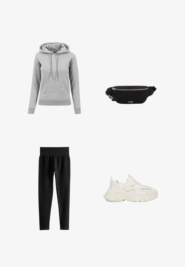 Grijze hoodie van katoen, met een trekkoordcapuchon, lange mouwen, ribbelboorden en een onderkant. Eenvoudig ontwerp zonder patronen.; Zwarte geribbelde leggings met hoge taille en brede elastische tailleband, smalle pasvorm over de volledige lengte, zonder zichtbare logo’s of patronen.; Robuuste witte sneakers met een textuur bovenkant met mesh details, dikke rubberen zool, ronde neus en decoratieve accenten aan de zijkanten.; Zwarte stoffen heuptas met zilveren rits en verstelbare band, voorzien van klein wit "Bimba y Lola"-logo aan de voorkant.