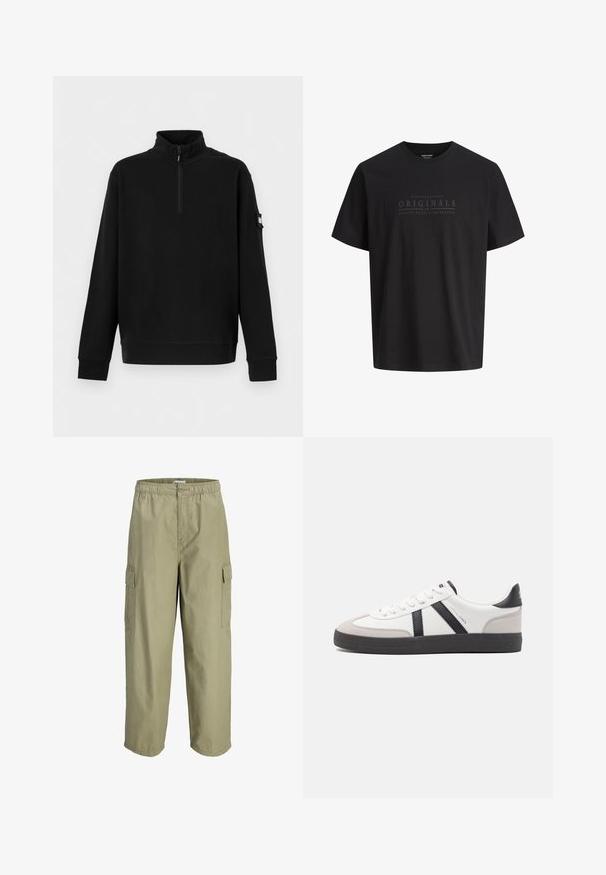 Pull-over noir à manches longues avec col montant, fermeture éclair à mi-longueur sur le devant, poignets côtelés et petite poche à patch sur la manche gauche.; T-shirt noir à manches courtes avec un texte subtil sur la poitrine indiquant "Nineteen Ninety Originals, brought to you by Jack & Jones."; Pantalon cargo droit marron clair avec taille élastique, fermeture à bouton et poches à rabat de chaque côté.; Baskets blanches avec des accents noirs et gris, présentant un embout texturé gris, une semelle en caoutchouc noir et des lacets plats blancs. Design épuré, style minimaliste.
