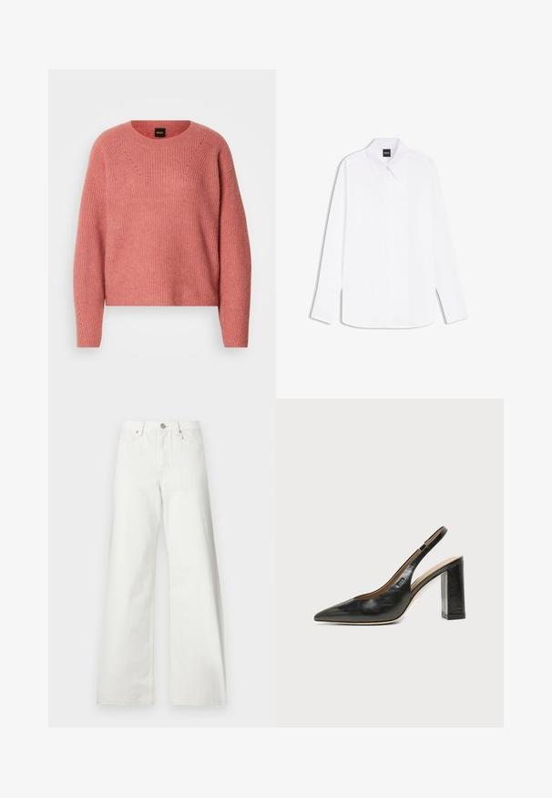 Pull en tricot rose avec un col rond, des manches longues et une texture côtelée. Présente un motif en chevrons sur la poitrine et des détails subtils.; Chemise blanche à manches longues avec col pointu et patte de boutonnage cachée, étiquetée "BOSS" au niveau du col.; Jean blanc taille haute à jambes larges, fermeture à boutons devant, passants de ceinture et poches avant sur fond uni.; Chaussure slingback en cuir noir à bout pointu avec un talon bloc haut et une doublure intérieure beige sur un fond clair uni.