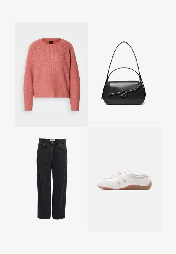 Pull en tricot rose avec un col rond, des manches longues et une texture côtelée. Présente un motif en chevrons sur la poitrine et des détails subtils.; Jean en denim noir taille haute, coupe large, avec cinq poches et fermeture éclair. Texture lisse avec détails de couture minimaux visibles.; Baskets blanches avec une tige texturée, une accentuation en cuir lisse, une fermeture à lacets et une semelle en caoutchouc de couleur beige. Éléments de design simples.; Sac à bandoulière en cuir noir avec un rabat incurvé fermé par un fermoir métallique rond et une sangle fine et ajustable.