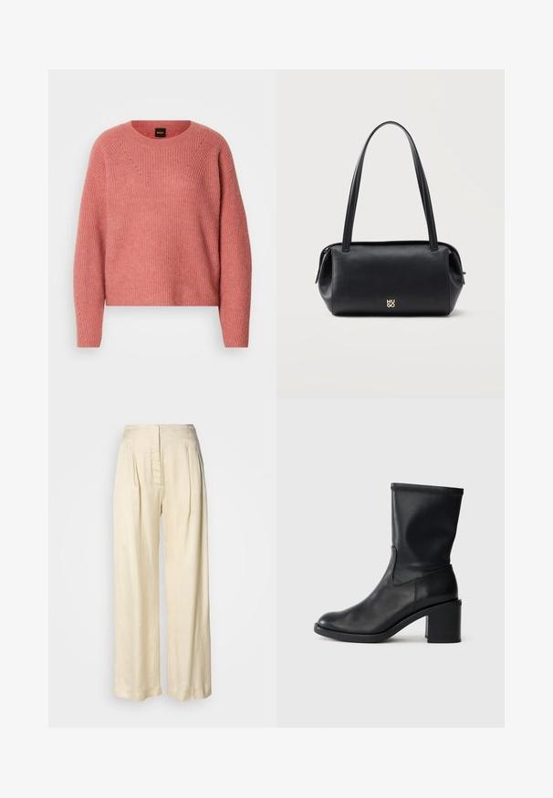 Pull en tricot rose avec un col rond, des manches longues et une texture côtelée. Présente un motif en chevrons sur la poitrine et des détails subtils.; Pantalon en soie crème taille haute avec plis, jambes larges et fermeture éclair avant dissimulée sur un fond blanc uni.; Botte en cuir noir à cheville avec un bout rond, texture lisse et un talon épais, présentant un tige ajustée et un subtil détail de couture.; Sac bandoulière rectangulaire en cuir noir avec longues bretelles et petit logo doré "HUGO" au centre devant.
