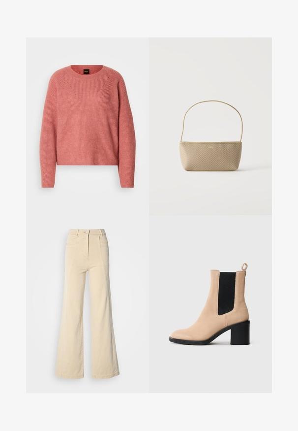 Lyserød strikket sweater med en rund halsudskæring, lange ærmer og ribbet tekstur. Har et zigzag-mønster på brystet og diskrete detaljer.; Beige vidde jeans med høj talje, forlommer og kontrasterende syninger, udstyret med en knaplukning og en glat bomuldsstruktur.; Beige ruskinds ankelstøvle med blokhæl, der har en sort elastisk indsats og en løfteløkke bagpå. Glat tekstur og rund tådesign.; Beige flettet håndtaske med tynd skulderrem og lille guld "BOSS" logo foran, vist mod en ensfarvet hvid baggrund.