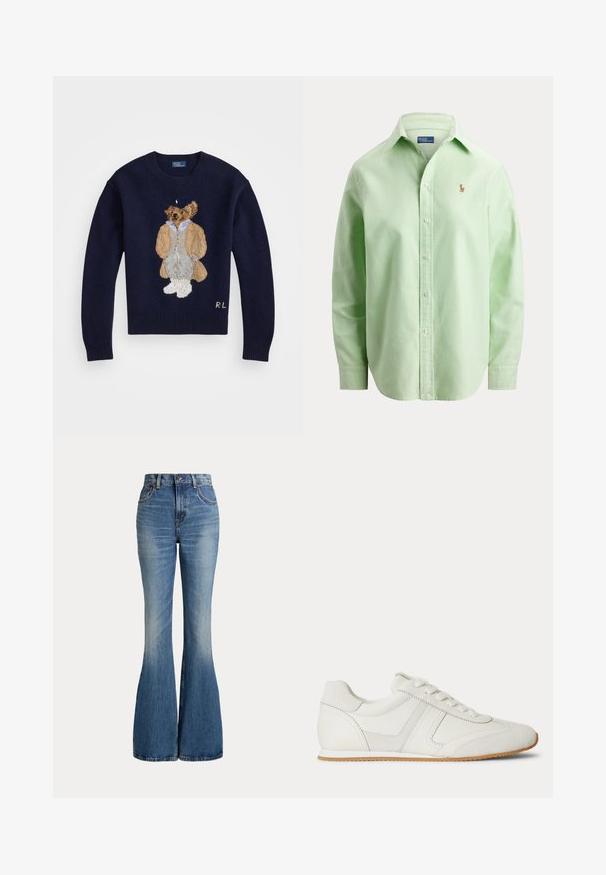 Marinblå sweater med en detaljeret broderet bjørn iført en lys jakke og grå bukser, med ribbestrikkede ærmer og rund hals.; Lysegrøn skjorte med knapper og lange ærmer, med krave og lille broderet logo på venstre bryst.; Højtaljede blå jeans i denim med klokkeformede ben og let falmet område foran på låret, vist mod hvid baggrund.; Hvid lavtop sneaker med snørelukning foran, ruskind- og læderpaneler og en lysebrun gummisål på en hvid baggrund.