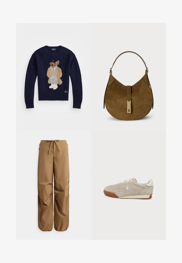Marinblå sweater med en detaljeret broderet bjørn iført en lys jakke og grå bukser, med ribbestrikkede ærmer og rund hals.; Brune løstsiddende bukser med elastisk snørelukning i taljen, lynlåslommer i siden og elastiske manchetter ved anklerne.; Beige ruskind lavskoet sneakers med hvide snørebånd, gummisål og et lille broderet logo på siden, vist i højre profil.; Ruskindetaske i mørkebrun med en buet silhuet. Har en top-håndtag og et metallic logo-accents på frontlukningen.