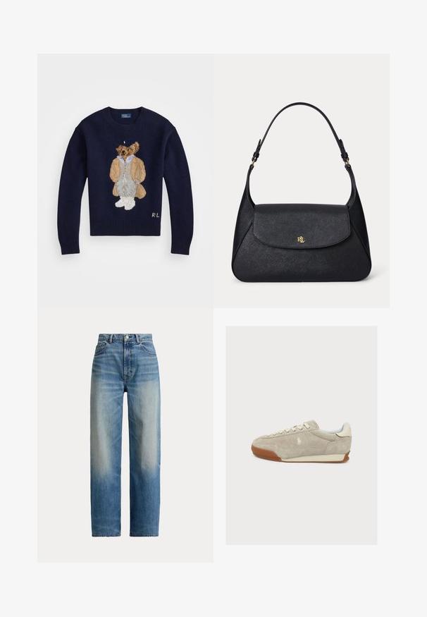 Suéter azul marino con un oso bordado en detalle, que lleva un abrigo beige y pantalones grises, con puños acanalados y un cuello redondo.; Vaqueros azules de pierna recta y cintura alta con parte delantera desgastada y diseño clásico de cinco bolsillos, cierre de botón y cremallera.; Zapatilla de ante beige con cordones blancos, suela de goma y pequeño logotipo bordado en el lateral, vista desde la izquierda sobre fondo blanco.; Bolso de hombro de piel negra con textura, con solapa curva y logo dorado "RL" en el frente, con una correa ajustable con herrajes dorados.