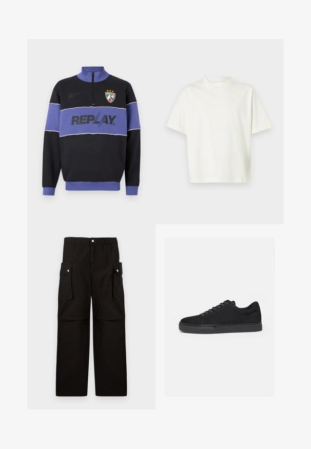 Sweatshirt noir et violet à demi-zip avec le logo "REPLAY" sur la poitrine et le blason de Replay FC avec trois étoiles en haut à gauche.; T-shirt blanc uni à manches courtes, coupe ample et col rond, présenté sur un fond gris clair.; Pantalons cargo noirs en tissu doux, dotés d'une taille élastique, de poches latérales avec rabats et d'une coupe loose à jambes droites.; Baskets basses noires avec fermeture à lacets à l'avant et semelle en caoutchouc plate, vues de profil sur fond blanc.