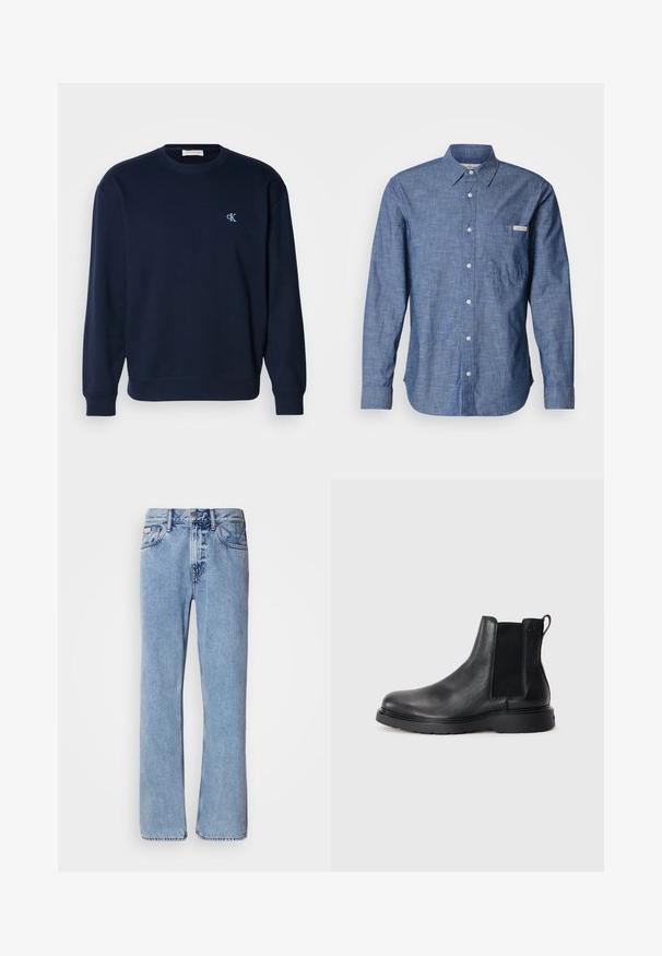Sudadera azul marino en mezcla de algodón con puños y dobladillo de canalé. Presenta un pequeño logo azul claro en el pecho. Diseño clásico de cuello redondo.; Camisa azul de manga larga con botones, confeccionada en una tela ligera y texturizada. Cuenta con un bolsillo en el pecho izquierdo y una pequeña etiqueta con el logo. Los botones son claros.; Jeans de mezclilla azul claro con un diseño de pierna recta, cinco bolsillos y cierre de botón. Detalles de costura cerca de los bolsillos y la cintura.; Botas Chelsea de cuero negro con acabado texturizado, paneles laterales elásticos y una suela de goma resistente. Marca sutil en el talón.