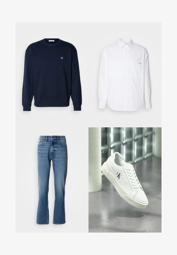 Marineblå sweatshirt i bomuldsblanding med ribbede manchetter og kant. Har et lille lyseblåt logo på brystet. Klassisk crew neck-design.; Hvid langærmet skjorte med knaplukning, lavet af bomuld. Har to brystlommer, en buet kant og et lille guldlogo på venstre lomme.; Lyseblå denim jeans med lige pasform og let flare. Har fem lommer, knaplukning og subtile slidte detaljer.; Hvid Calvin Klein sneaker med snørebånd, vist svævende over en poleret betongulv og en baggrund af glasblokke.