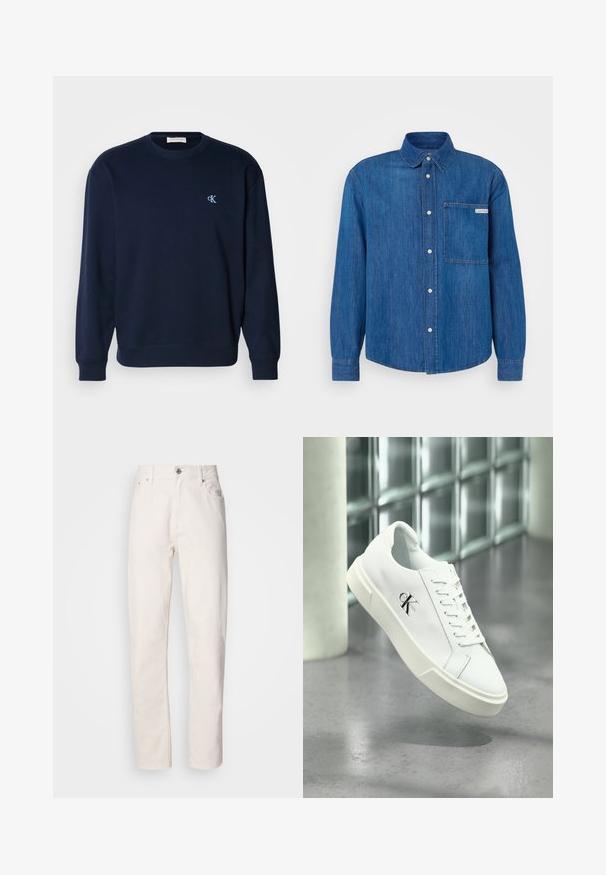 Marineblå sweatshirt i bomuldsblanding med ribbede manchetter og kant. Har et lille lyseblåt logo på brystet. Klassisk crew neck-design.; Blå denim skjorte med knapper, spidse krave, lange ærmer, brystlomme og et logo på lommen. Glat, holdbart stof.; Hvide denim jeans med lige ben, med knap- og lynlåslukning, bæltestropper samt for- og baglommer, præsenteret på en ensfarvet baggrund.; Hvid Calvin Klein sneaker med snørebånd, vist svævende over en poleret betongulv og en baggrund af glasblokke.