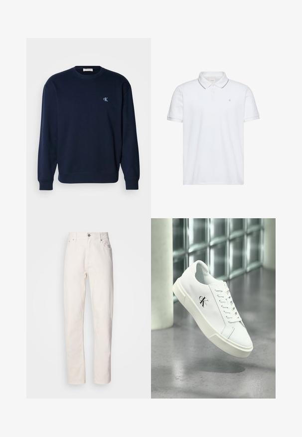 Sudadera azul marino en mezcla de algodón con puños y dobladillo de canalé. Presenta un pequeño logo azul claro en el pecho. Diseño clásico de cuello redondo.; Polo blanco de manga corta con tapeta de dos botones, ribete gris en el cuello y los puños, y pequeño logo "ck" bordado en el pecho.; Jeans de denim blanco de pierna recta con cierre de botón y cremallera, lazos para cinturón y bolsillos delanteros y traseros, mostrados sobre un fondo liso.; Zapatilla blanca Calvin Klein con cordones, mostrada flotando sobre un suelo de cemento pulido y un fondo de pared de bloques de vidrio.