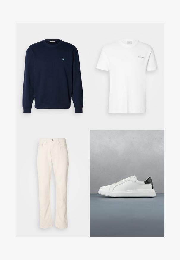 Marineblå sweatshirt i bomuldsblanding med ribbede manchetter og kant. Har et lille lyseblåt logo på brystet. Klassisk crew neck-design.; Hvid bomulds T-shirt med korte ærmer og rund halsudskæring. Har et lille sort "Calvin Klein" logo på venstre bryst.; Beige bomuldsjeans med et klassisk lige ben-design, der har en forreste knaplukning, fem lommer og diskrete syninger.; Hvide sneakers med en glat læderoverdel og en kontrasterende sort hælaccents. Har flade snørebånd og en tekstureret gummisål.