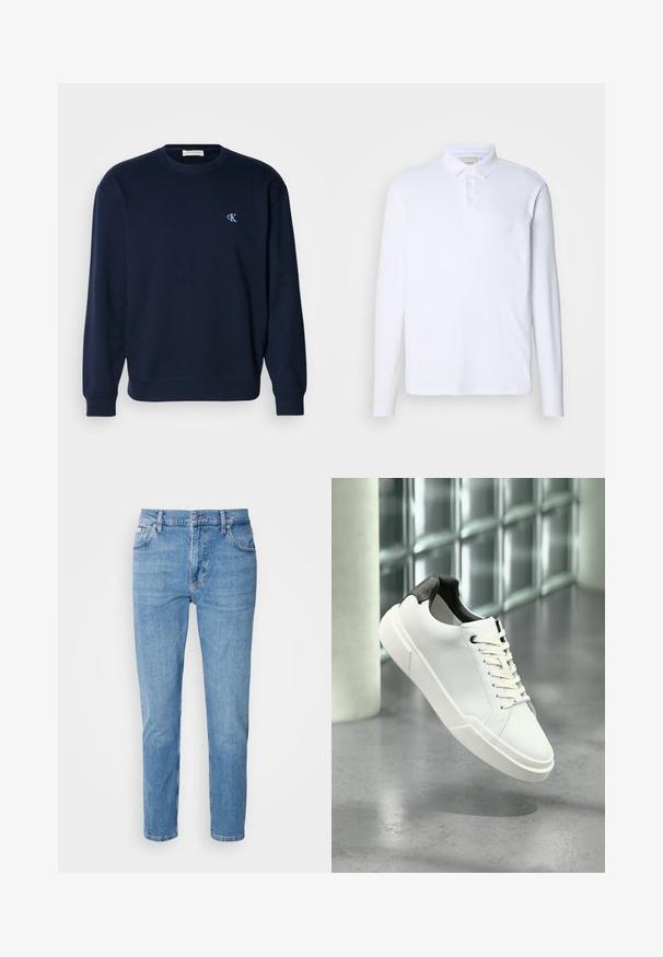 Marineblå sweatshirt i bomuldsblanding med ribbede manchetter og kant. Har et lille lyseblåt logo på brystet. Klassisk crew neck-design.; Langærmet hvid polo-shirt lavet af blødt stof, med en klassisk krave, tre knaplukninger og et diskret logo på brystet.; Lys blå denim jeans med lige snit, fem-lomme design og subtilt slid. Har knaplukning og bæltestropper.; Hvid lav tå-sneaker med sort struktureret hælfane, hvide snørebånd og tyk sål på en poleret betongulv nær glasblokke.