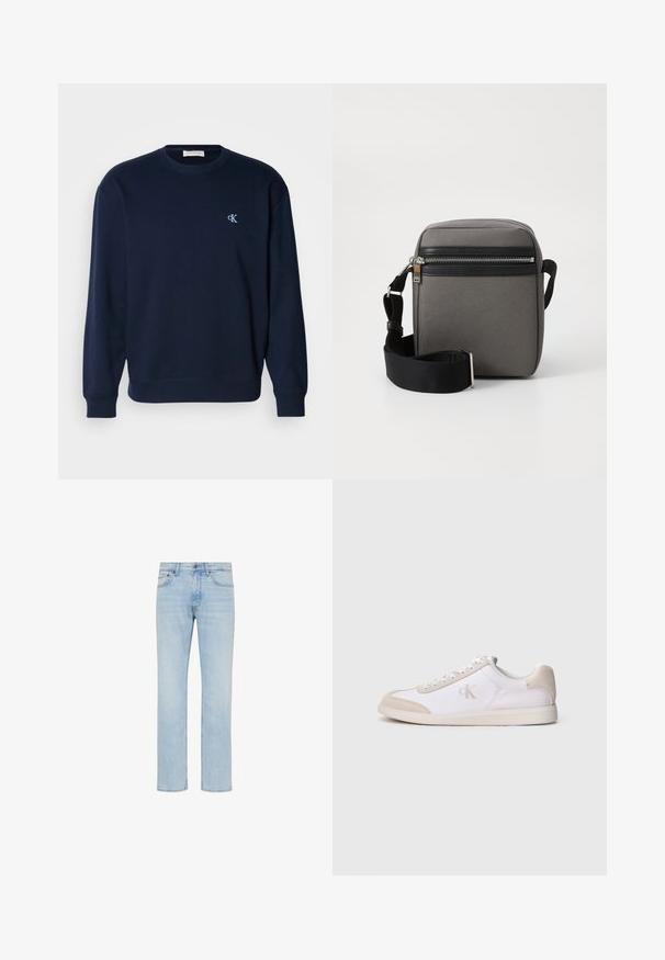 Navyblauer Sweatshirt aus Baumwollmischung mit gerippten Bündchen und Saum. Mit kleinem hellblauen Logo auf der Brust. Klassisches Rundhalsausschnitt-Design.; Hellblaue Straight-Leg-Jeans aus Denim mit vorderem Knopf, Reißverschluss und Fünf-Taschen-Design, gezeigt auf weißem Hintergrund.; Weißer und beiger Sneaker mit niedriger Schnittform, Schnürverschluss, Wildlederakzenten und „cK“-Logo an der Seite, im Profil vor einfarbigem Hintergrund gezeigt.; Grau gestreifter Umhängetasche mit einer schwarzen Reißverschlusstasche, verstellbarem Riemen und rechteckiger Form. Sie verfügt über eine glatte Textur und Metallbeschläge.