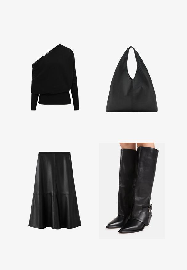 Sort ribbet pullover med asymmetrisk off-shoulder design, lange ærmer og tekstureret stof. Har en tætsiddende bundkant.; Sort læder nederdel i A-facon med en glat tekstur, knælængde design og diskrete sømdetaljer for varieret visuel interesse.; Sorte knæhøje læderstøvler med spidse tæer, skrå hæle og remme med spænder på siderne, båret på ben mod en ensfarvet baggrund.; Sort skuldertaske i læder med stort, blødt design og et dybt, aflangt udskåret håndtag for nem bæring. Glat tekstur, minimalistisk stil.