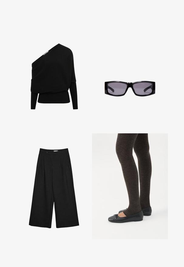Sort ribbet pullover med asymmetrisk off-shoulder design, lange ærmer og tekstureret stof. Har en tætsiddende bundkant.; Sorte, vidde-benet, korte bukser med frontplisseringer, bæltestropper og knaplukning i taljen.; Ben iført mørke ribbede leggings kombineret med sorte balletsko med små sløjfedetaljer på hvid baggrund.; Sorte rektangulære solbriller med mørkt tonede linser og glansfuld plastindfatning, vist centreret på en hvid baggrund.