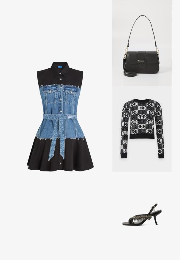 Zwart-wit cropped trui met ingewikkelde geometrische patronen, lange mouwen en een effen zwarte geribbelde halslijn en manchetten.; Denim jurk met een zwarte katoenen bodice en een lichtblauwe denim rok, met een tailleband, rafelige zoom en drukknoopjes aan de voorkant.; Zwarte hoge hakken sandalen met een slingback ontwerp, voorzien van een franjes van metalen kralen aan de voorkant en een gebogen stiletto hak.; Zwarte leren handtas met een rechthoekige vorm, gouden hardware en een klep-sluiting. Voorzien van een afneembare schouderband en een merkaccent.