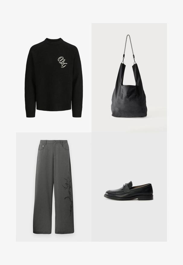 Pull en tricot noir avec un col ras du cou, doté de poignets et d'un ourlet côtelés. Lettres brodées "ORG" en couleur contrastante sur la poitrine.; Pantalons larges à rayures dans un tissu gris foncé, avec des poches avant et un imprimé décoratif noir sur le côté gauche.; Mocassins en cuir noir avec une finition lisse, dotés d'une bande supérieure texturée, d'un talon bas et de détails de couture minimalistes.; Sac fourre-tout en tissu noir doux avec de larges anses et une fine bandoulière tressée noire et blanche.