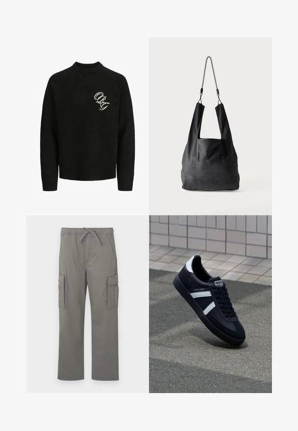 Pull en tricot noir avec un col ras du cou, doté de poignets et d'un ourlet côtelés. Lettres brodées "ORG" en couleur contrastante sur la poitrine.; Pantalons cargo droit gris avec taille élastique, cordon de serrage, poches latérales à rabat et poches frontales fendu, présentés sur fond blanc.; Sneaker en cuir noir avec des rayures blanches, semelle en caoutchouc texturée et devant à lacets. Présente une étiquette de marque sur la languette.; Sac fourre-tout en tissu noir doux avec de larges anses et une fine bandoulière tressée noire et blanche.