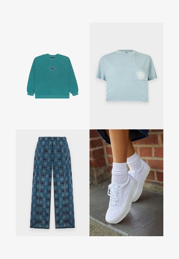 Teal värvi puuvillane sweatshirt, millel on ümmargune kaelus ja ribikätised. Keskel lillat ja musta värvi rombikujuline logo.; Hele sinine lühendatud T-särk lühikeste varrukatega ja rinnataskuga, millel on valge päikese ja näo graafika koos tekstiga "VOLCOM".; Sinise ja musta ruuduline laiade säärtega püksid elastse vöö ja küljetaskutega, laotatud tasapinnaliselt hele taustal.; Valged kanvas tennisikud kummitaldadega, kuue silmaga, ümmarguse varbaga ja kergete tikandite detailidega, koos valgete pahkluusokkidega.