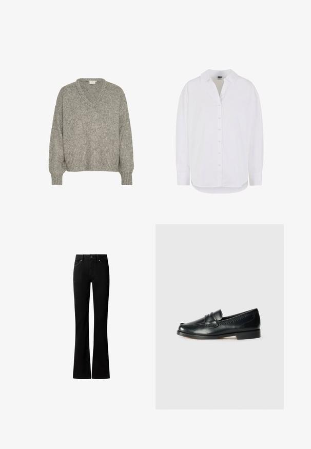 Pull en maille gris clair avec un col en V, coupe décontractée, poignets et ourlet côtelés. Fabriqué à partir d'un tissu texturé avec une apparence douce.; Chemise blanche à manches longues en coton avec un devant à boutons, col classique et ourlet arrondi, présentant une coupe décontractée et sans motifs.; Jean noir taille haute avec une taille ajustée, un bouton à l'avant et des jambes légèrement évasées, présenté sur un fond blanc.; Mocassin en cuir noir avec un bout arrondi, des détails de couture surélevés et un petit talon. Texture lisse avec peu d'ornements.