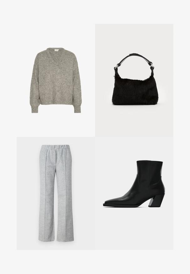 Suéter de punto gris claro con escote en V, corte holgado, puños y dobladillo acanalados. Fabricado con una tela texturizada de aspecto suave.; Pantalones grises de pierna ancha hechos de una tela texturizada; cuentan con una cinturilla elástica y detalles de pliegues en el frente. Diseño limpio y minimalista.; Bota de tobillo de cuero negro con punta afilada, una silueta elegante y un tacón cuadrado grueso. Textura suave con detalles de costura mínimos.; Bolso de mano de piel sintética negra con una textura suave, forma redondeada y una resistente correa de cuero negro para el hombro. Acentos de herrajes plateados visibles.