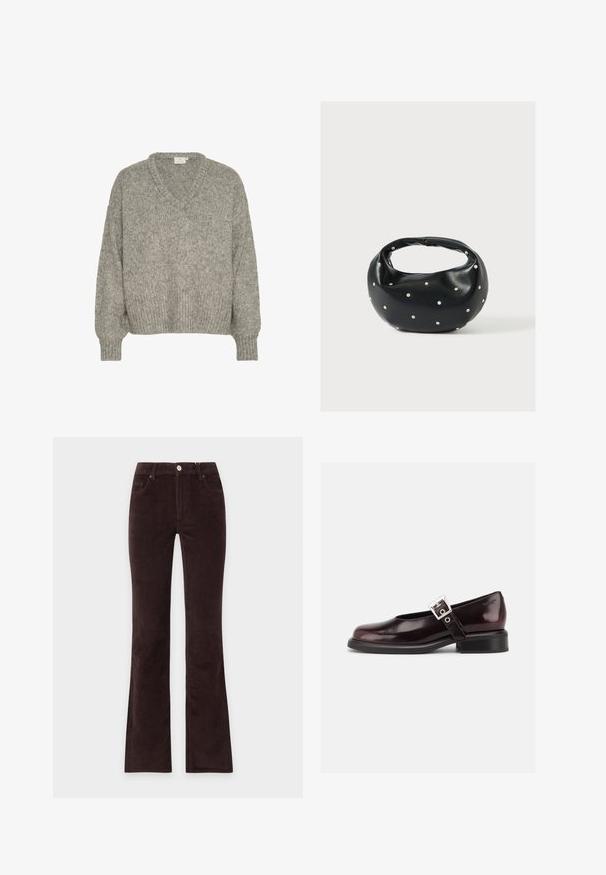 Pull en maille gris clair avec un col en V, coupe décontractée, poignets et ourlet côtelés. Fabriqué à partir d'un tissu texturé avec une apparence douce.; Pantalon en velours côtelé marron foncé avec un bouton à l'avant, des passants pour ceinture et des jambes légèrement évasées, présenté sur un fond uni.; Chaussure Mary Jane unique brillante couleur bordeaux foncé avec une large bride et une boucle argentée, talon bloc bas et bout arrondi sur fond blanc.; Sac à main en cuir noir de forme arrondie, décoré de clous argentés et équipé d'une poignée courte. Texture lisse et fermeture éclair.