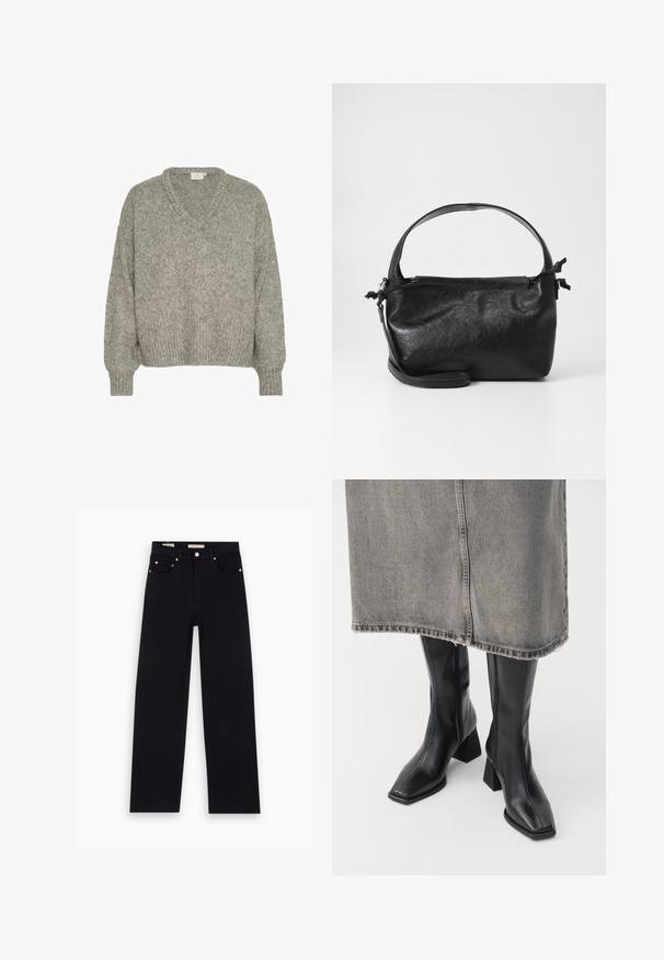 Pull en maille gris clair avec un col en V, coupe décontractée, poignets et ourlet côtelés. Fabriqué à partir d'un tissu texturé avec une apparence douce.; Jean en denim noir avec une coupe droite, cinq poches, matériel en cuivre et texture lisse. Deux étiquettes visibles sur la taille.; Bottes noires montantes en cuir lisse avec un bout carré et un talon bloc. Portées avec une jupe en denim grise à l'ourlet effiloché.; Sac à main en cuir noir au design structuré, avec une poignée arrondie et une bandoulière amovible. Présente une texture lisse et un éclat subtil.